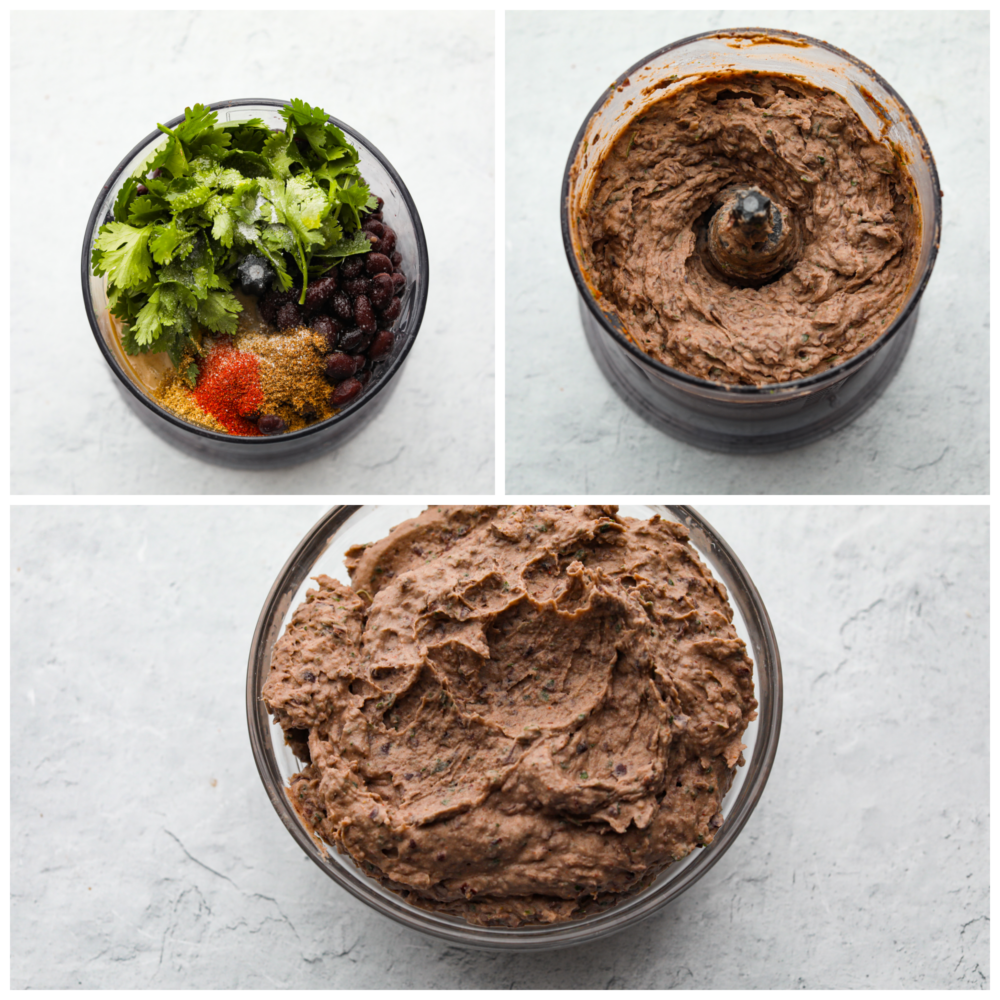 Three process shots of making black bean hummus. First photo is all of the ingredients inside a food processor. Second photo is the hummus blended. Third photo is the hummus place inside a clear bowl.