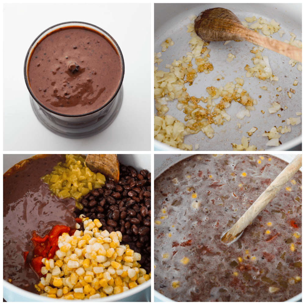 Collage de 4 fotos del caldo de sopa de frijoles negros que se está preparando.