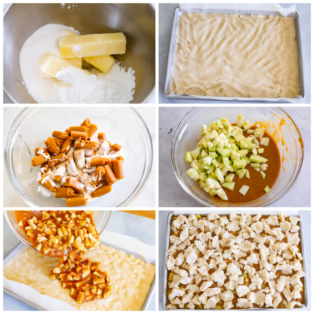 6 pictures showing how to make the dough, make the filling and then combine them together on a baking sheet. 