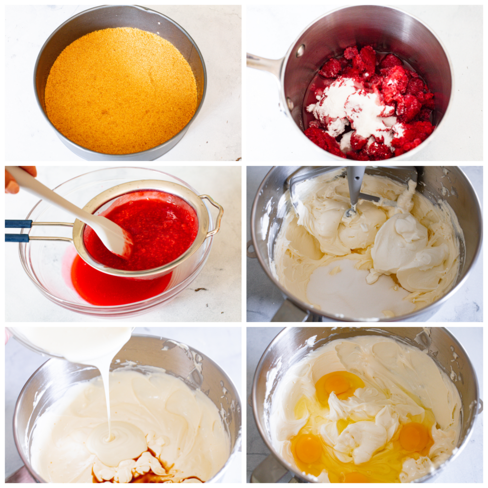 6 pictures showing how to make the filling and mix it with the batter. 