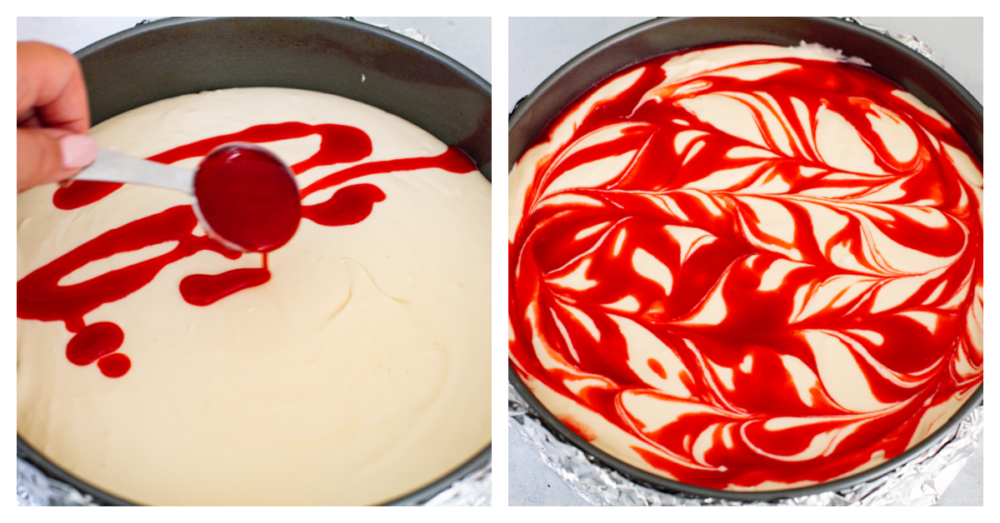 2 pictures showing how to swirl the raspberry filling into the batter. 