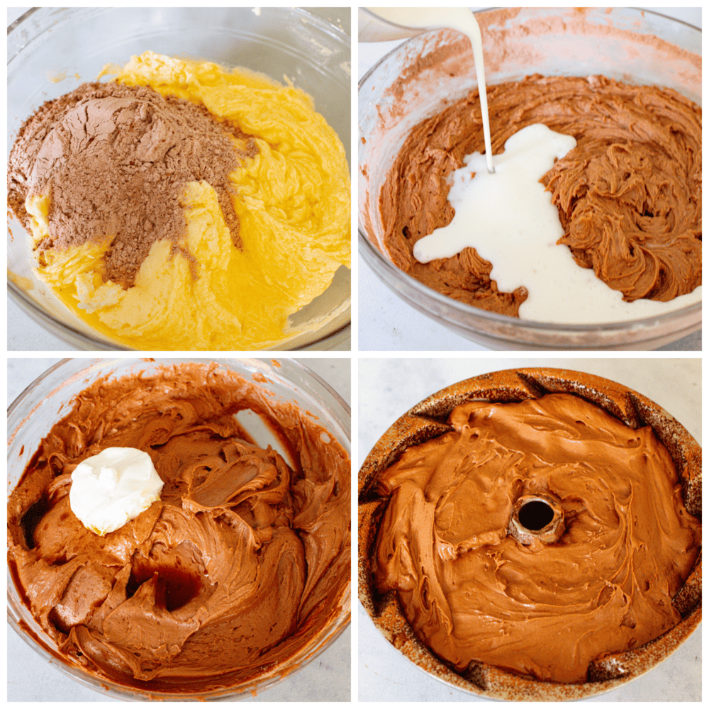 4 pictures showing how to make the cake batter and add it to a bundt pan. 