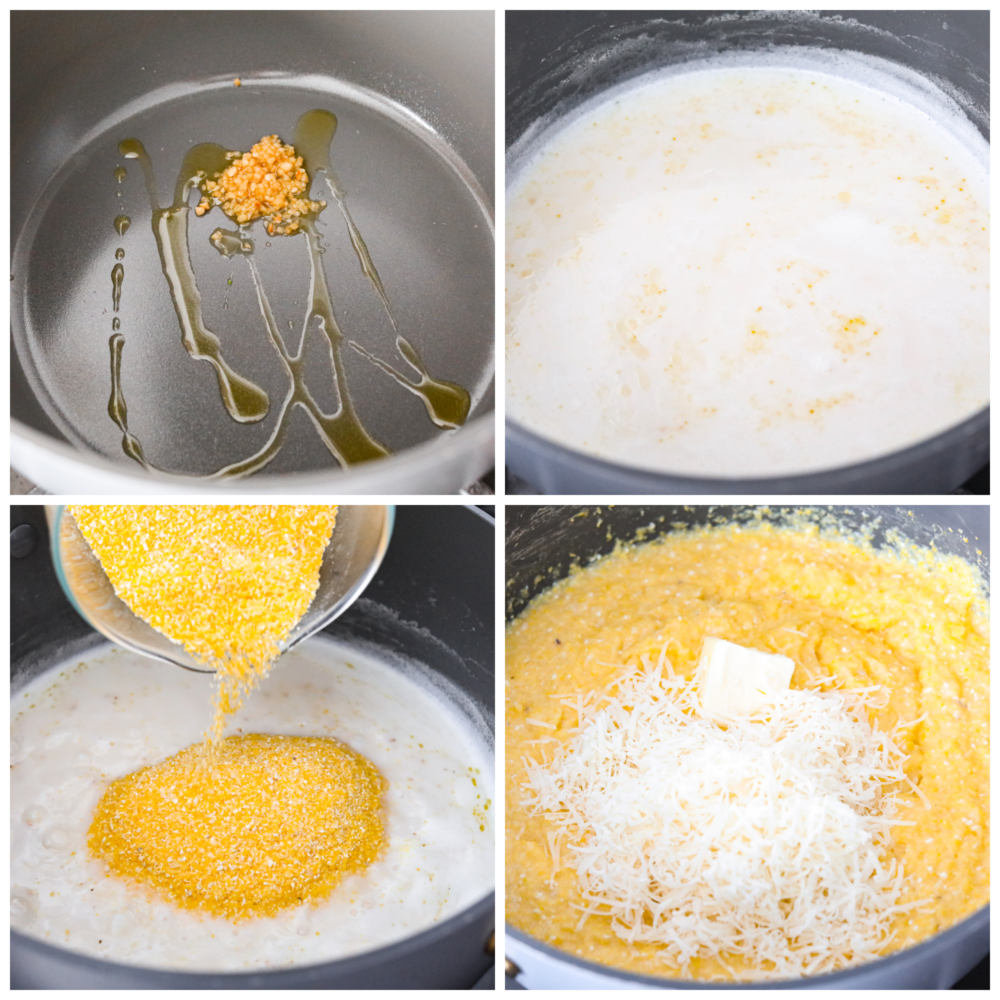 La prima foto di processo è l'olio e l'aglio in una pentola grigia che si preparano a soffriggere.  La seconda foto è il latte e il brodo di pollo aggiunti alla pentola.  La terza foto è la polenta cruda che viene versata nella pentola.  La quarta foto è la polenta cotta con sopra un ciuffo di burro e formaggio grattugiato.