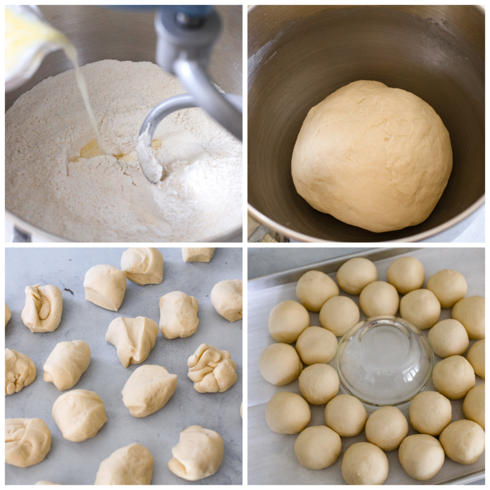 Process photos showing ingredients being added to a stand mixer, the dough formed in the mixer, the dough divided into rolls on a counter top, and finally the dough shaped into a wreath with a glass bowl in the center.