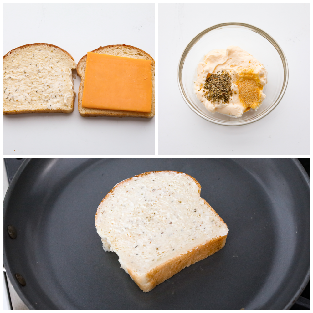 3 pictures showing how to assemble the grilled cheese, add the mayo and place it on a pan on the stove. 