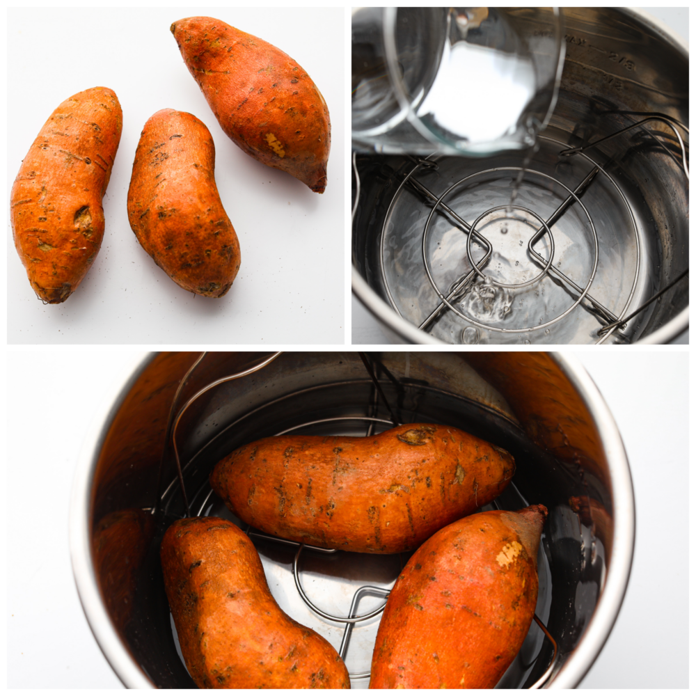 Instant Pot'un tabanına eklenen su ve içine bütün tatlı patateslerin eklendiği 3-fotoğraflı kolaj.