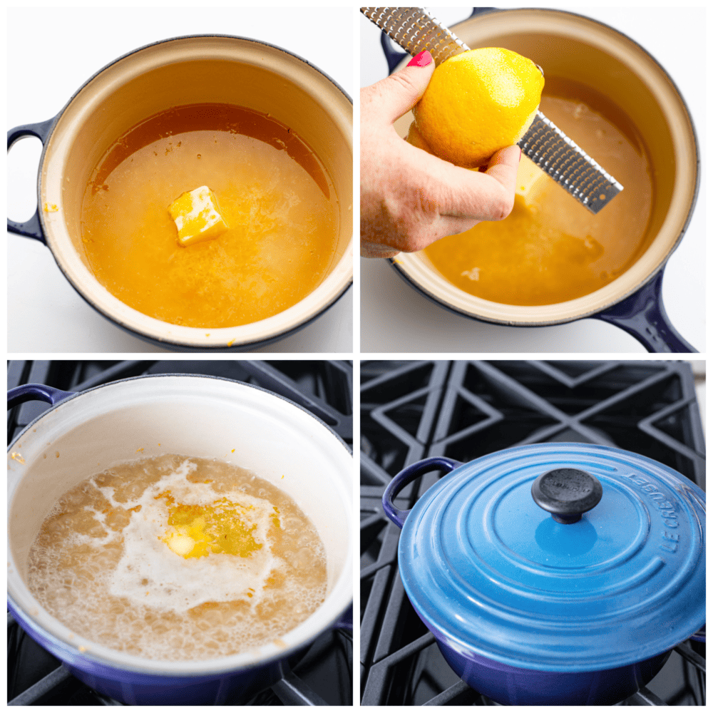 Collage di 4 foto di riso al limone in preparazione e cottura.