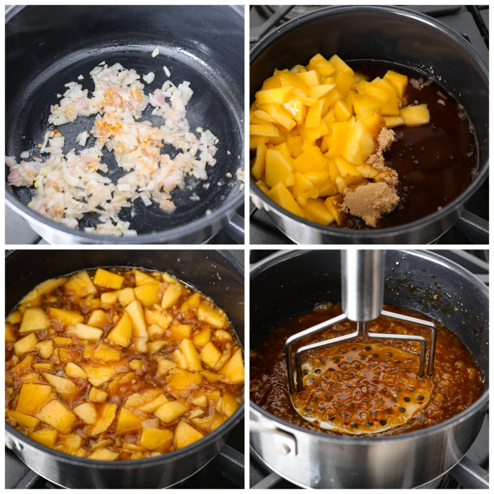 4 imágenes de proceso que muestran cómo cocinar todos los ingredientes en la estufa y luego triturarlos. 