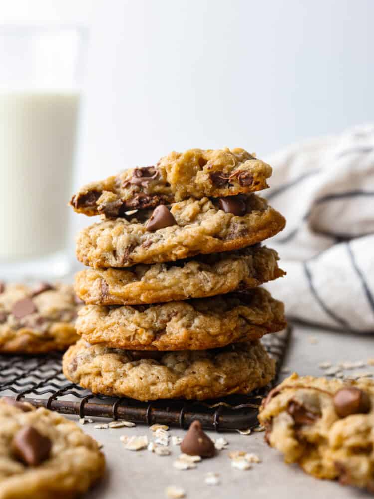 A stack of oatmeal chocolate chip cookies. 