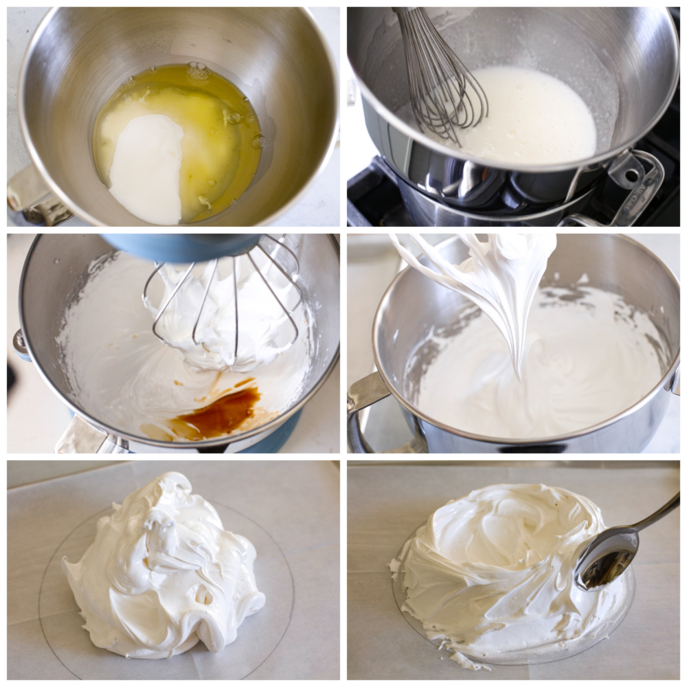 6 pictures doing how to make the pavlova and spread it out to get it ready to bake. 