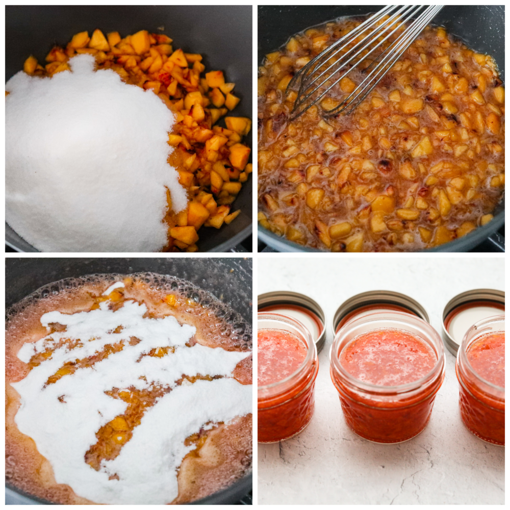 First photo is the diced peaches and sugar in a large pot.  Second photo is a whisk whisking the sugar into the peaches.  Third photo is the pectin sprinkled on top of the cooked peaches.  Fourth photo is three glass jars filled with peach jam.  The lids are sitting behind them on the table.