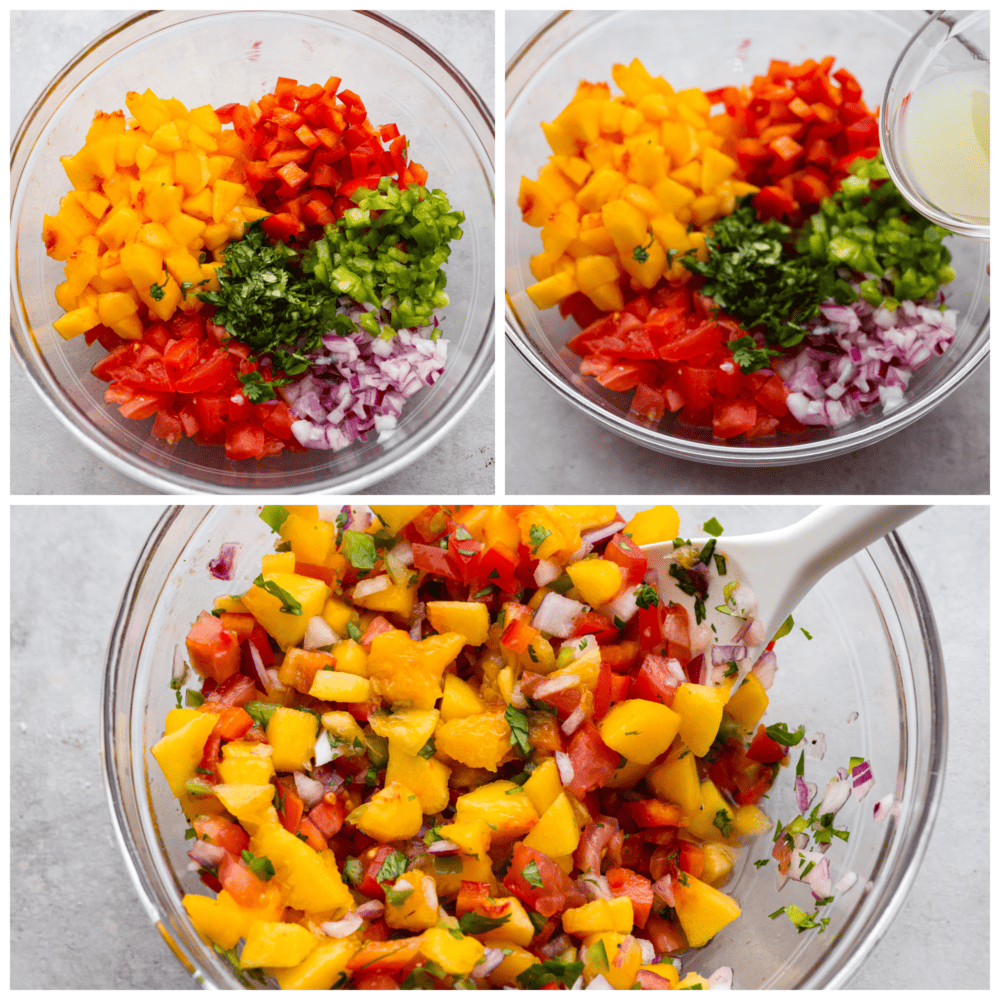 3 pictures showing how to add chopped ingredients to a glass bowl, add the dressing and mix. 