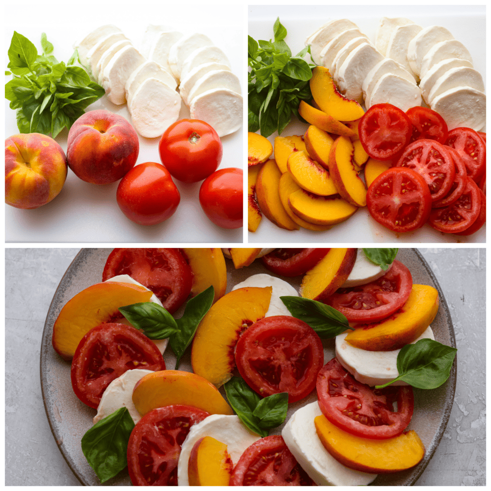 3-photo collage of peach Caprese salad ingredients being prepared.