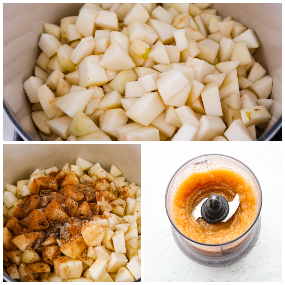 3-photo collage of pears being blended together with various spices.