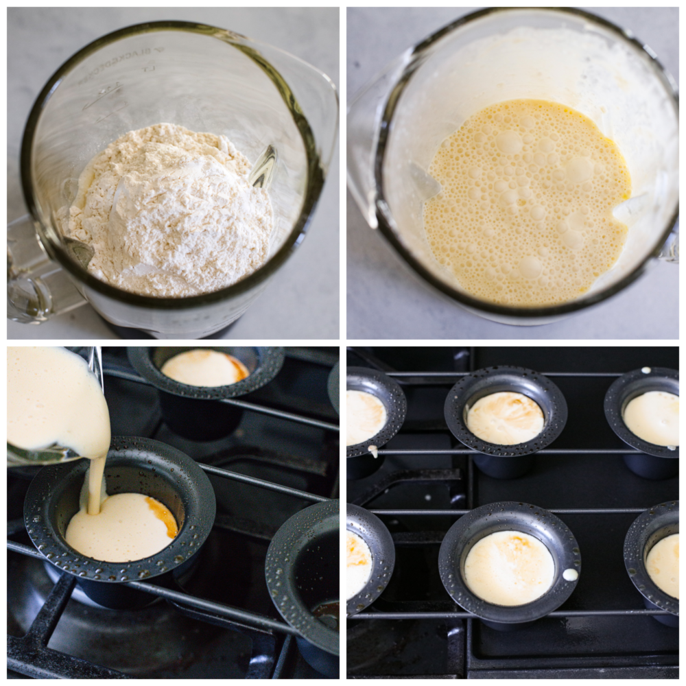 4-photo collage of popover batter being prepared and added to the wells of a pan.