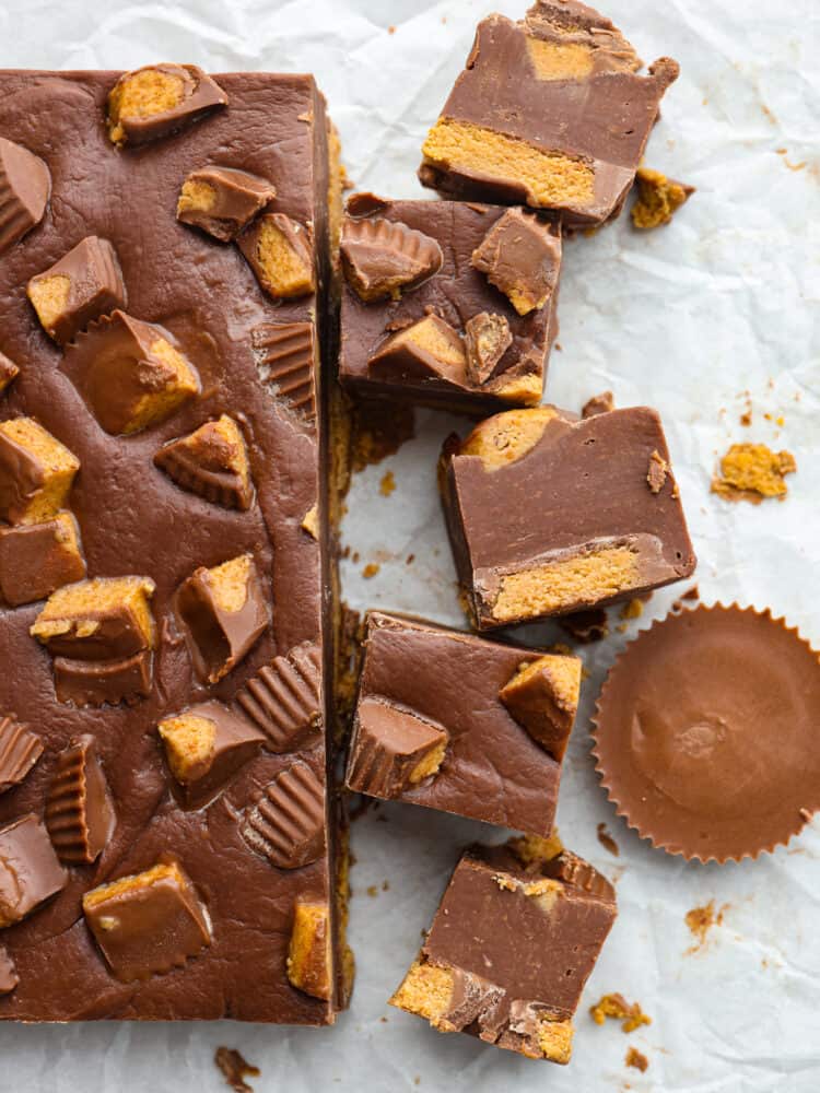 Top-down view of Reese's fudge cut into slices.