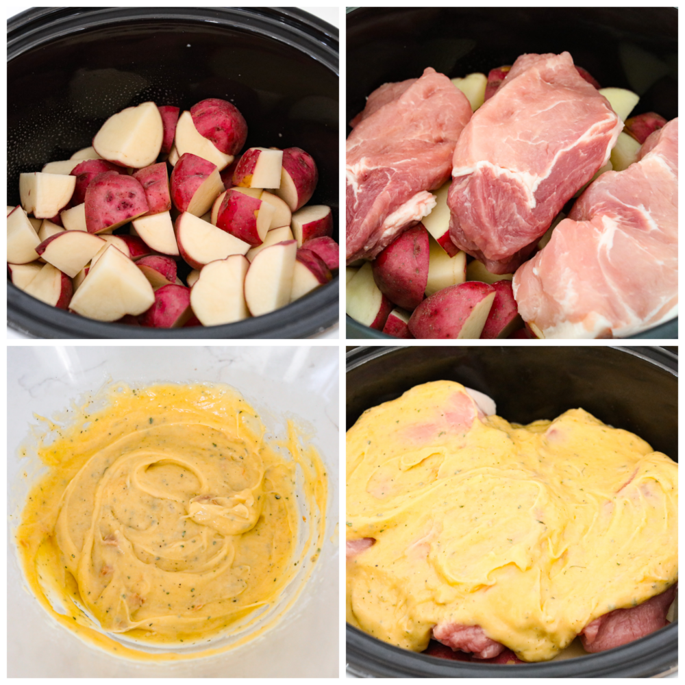 Collage di 4 foto di patate, braciole di maiale e salsa a strati in una pentola di coccio.