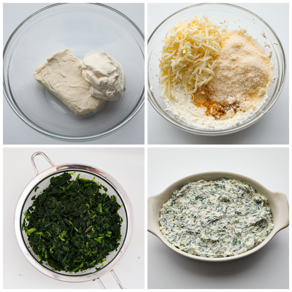 Four process photos of how to make spinach dip.  First photo is the cream cheese and sour cream in a bowl.  Second photo is the cheeses and seasonings added on top.  Third photo is of the spinach draining in a strainer.  Fourth photo is the spinach dip in the oval white baking dish.