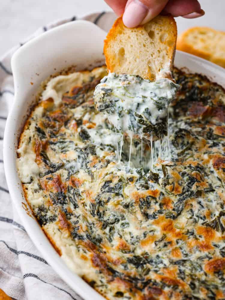 A close up photo of the baked spinach dip and a baguette slice dipping into the dip showing the cheesy dip lifting out.  The baking dish is on top of a striped kitchen towel.