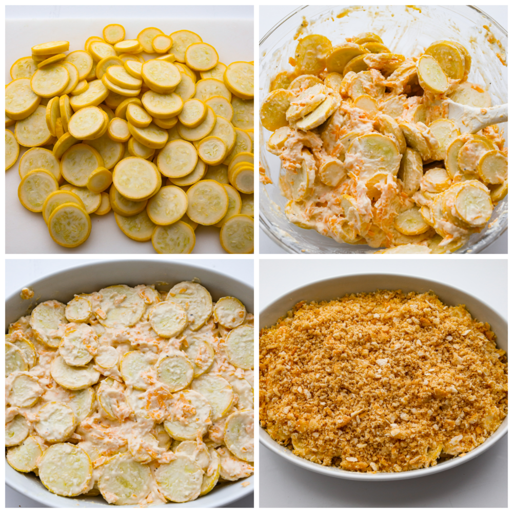 4 pictures showing how to slice zucchini, add in the cheese and top with crumbled ritz crackers. 