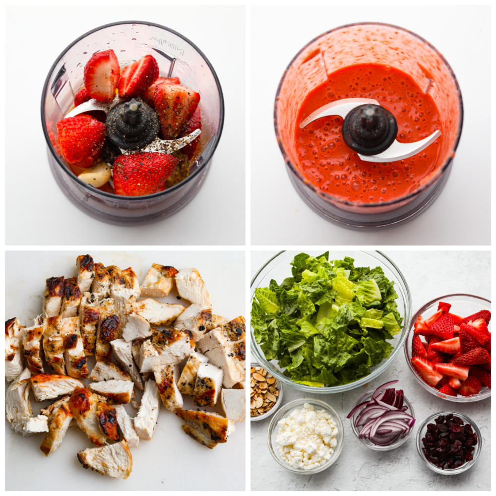 2 immagini che mostrano come preparare il condimento e 2 immagini che mostrano tutti gli ingredienti per l'insalata in ciotole di vetro. 
