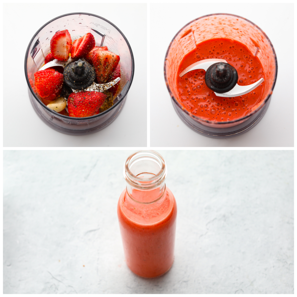 3 pictures showing how to add ingredients to a food processor and pulse them until smooth. 