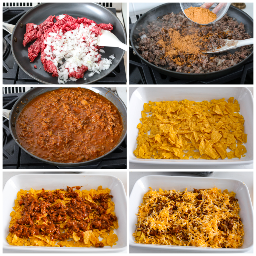 6 pictures showing how to brown your meat, add in the sauce and seasonings, layer it on chips and add cheese on top! 