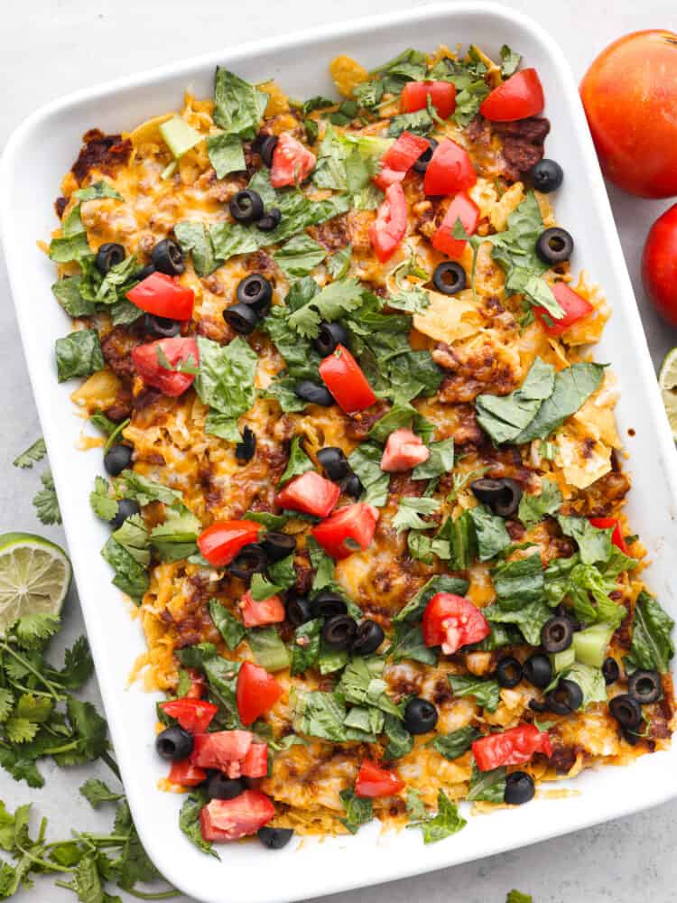 The top view of taco casserole in a 9x13 baking dish. 