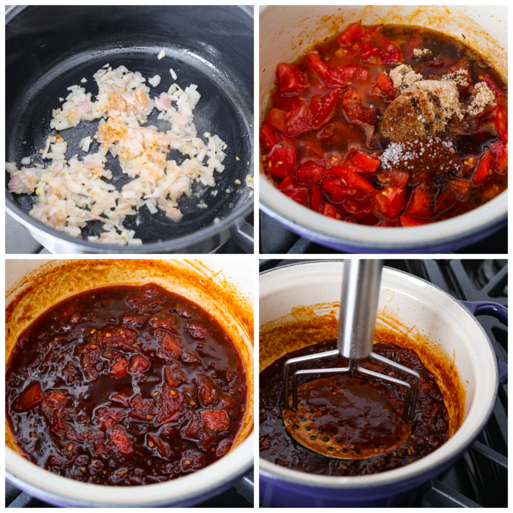 First photo is the shallot and onion sautéing in a saucepan.  The second phot is the tomatoes, brown sugar, vinegar, and spices added in the pot.  The third photo is the cook chutney in the pot.  The fourth photo is a masher mashing the chutney in the pot to make it a smoother consistency.  