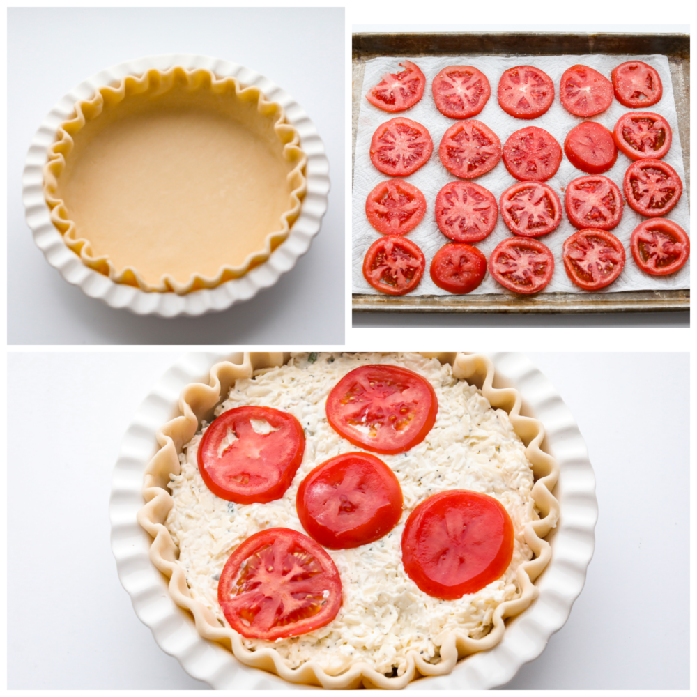3 pictures showing how to assemble the pie. 