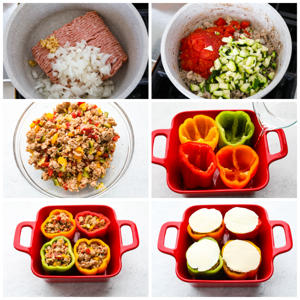 Collage di 6 foto di tacchino rosolato e condito, quindi aggiunto ai peperoni e condito con una fetta di formaggio.