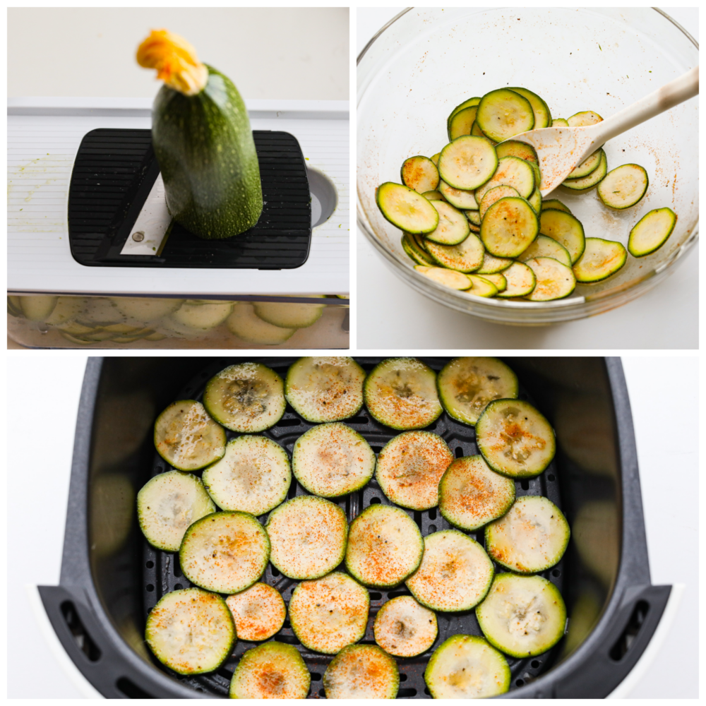 Collage di 3 foto di una zucchina tagliata a fettine sottili, condita e quindi aggiunta a un cestello della friggitrice ad aria.