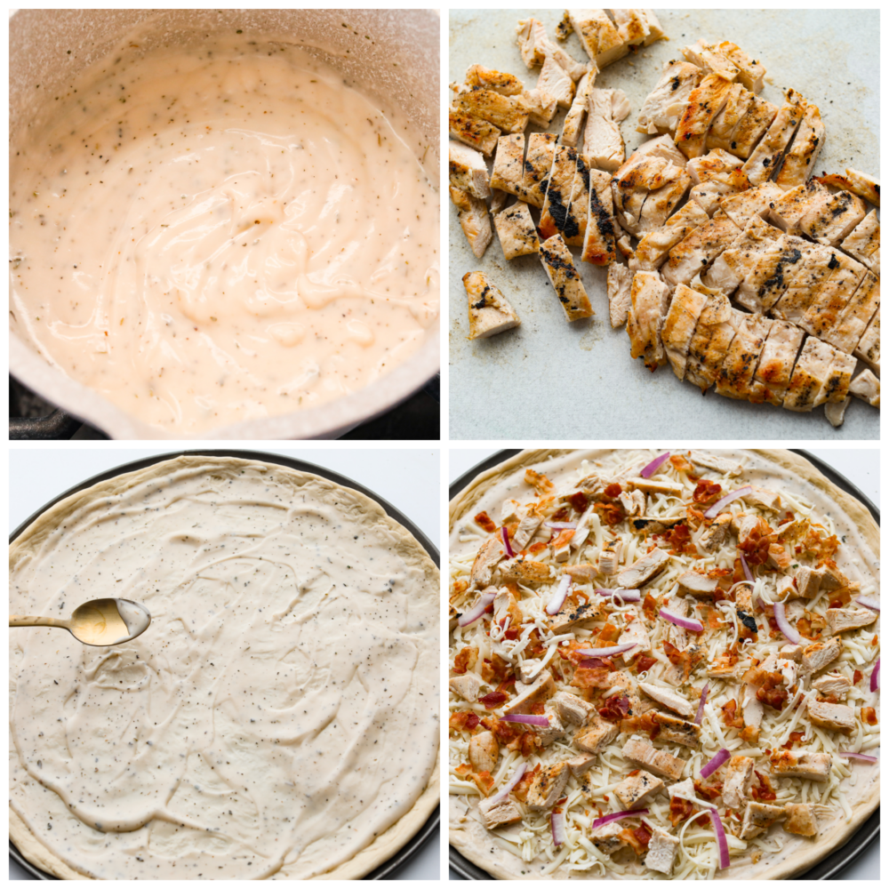 4-photo collage of alfredo sauce and toppings being added to pizza dough.