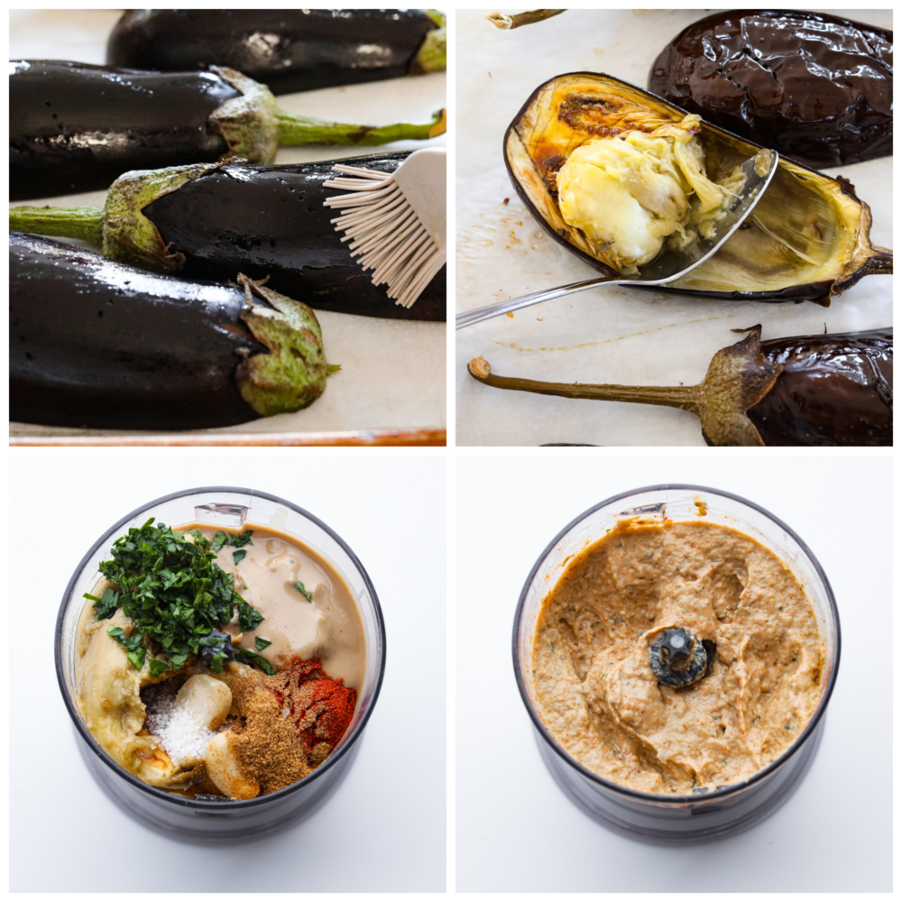 4-photo collage of eggplant being roasted then added to a blender with the other ingredients.
