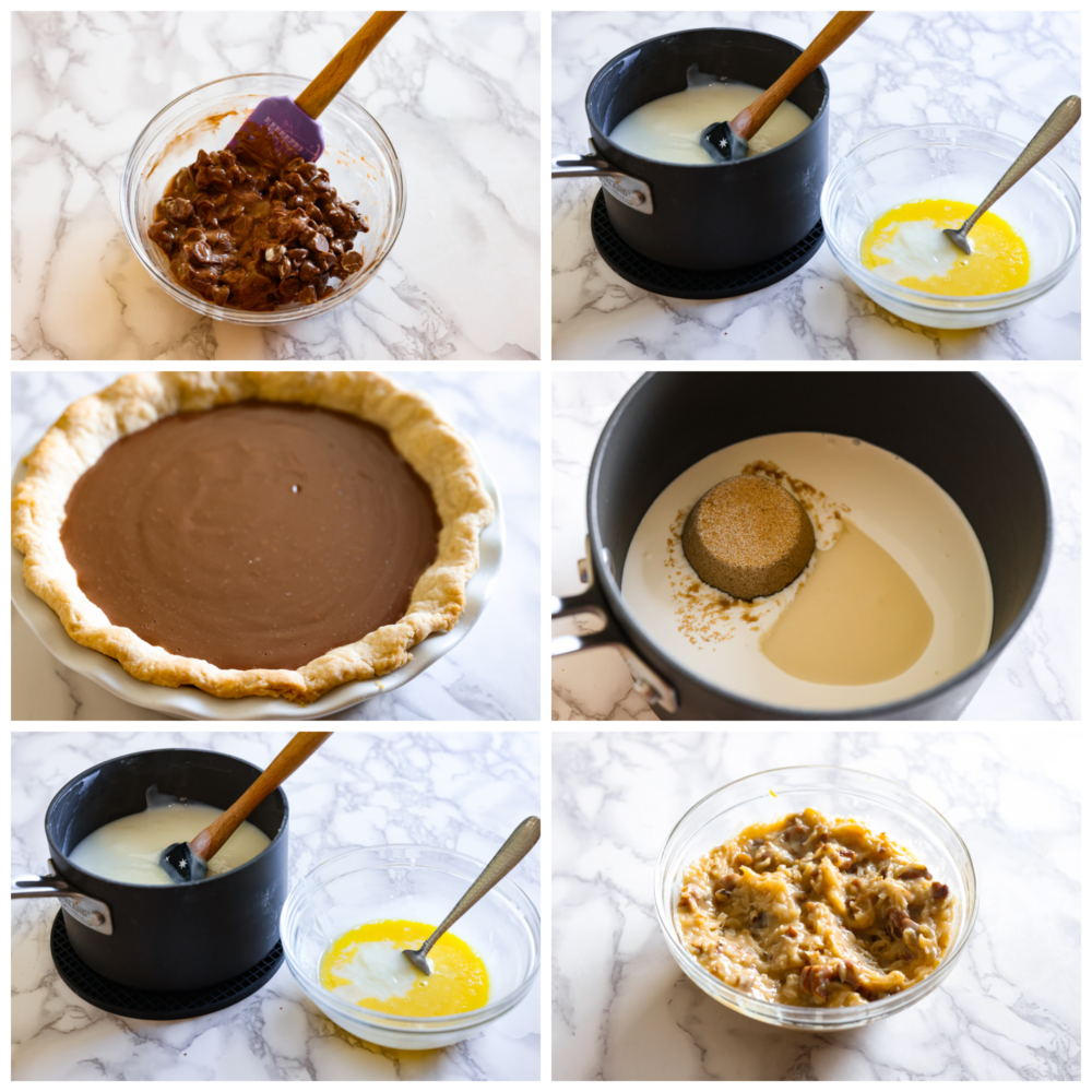 6-photo collage of chocolate custard filling and coconut topping being prepared and added to a baked pie crust. 