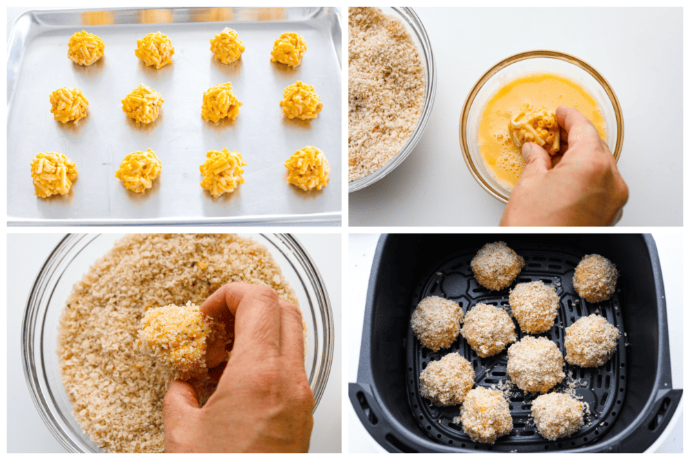 4 pictures showing how to roll your Mac and cheese into balls, dip them in the breadcrumb mixture and add them to an air fryer basket. 