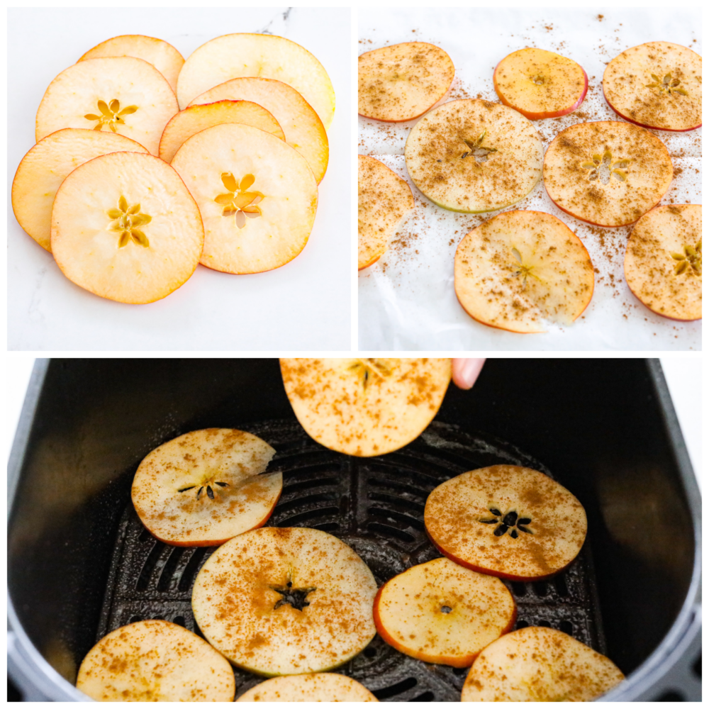 First photo is sliced apples.  Second photo are apples sprinkled with spices.  Third photo is the apple slices being placed in the air fryer basket.