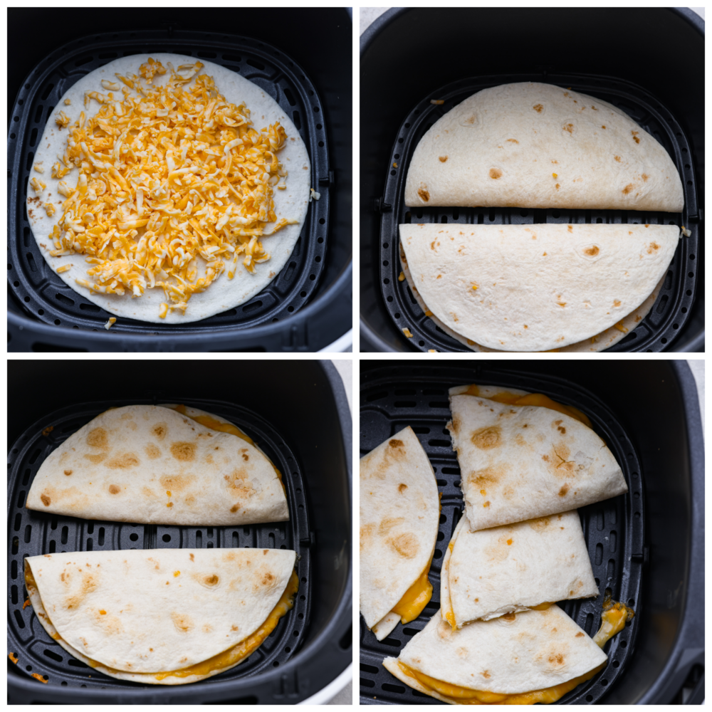 First photo is a tortilla with shredded cheese on top in an air fryer basket Second photo is to folded tortillas next to each other in the basket Third photo is two cooked quesadillas in the air fryer basket Fourth photo is the air fryer quesadilla cut into triangles and placed in the air fryer basket TeamJiX