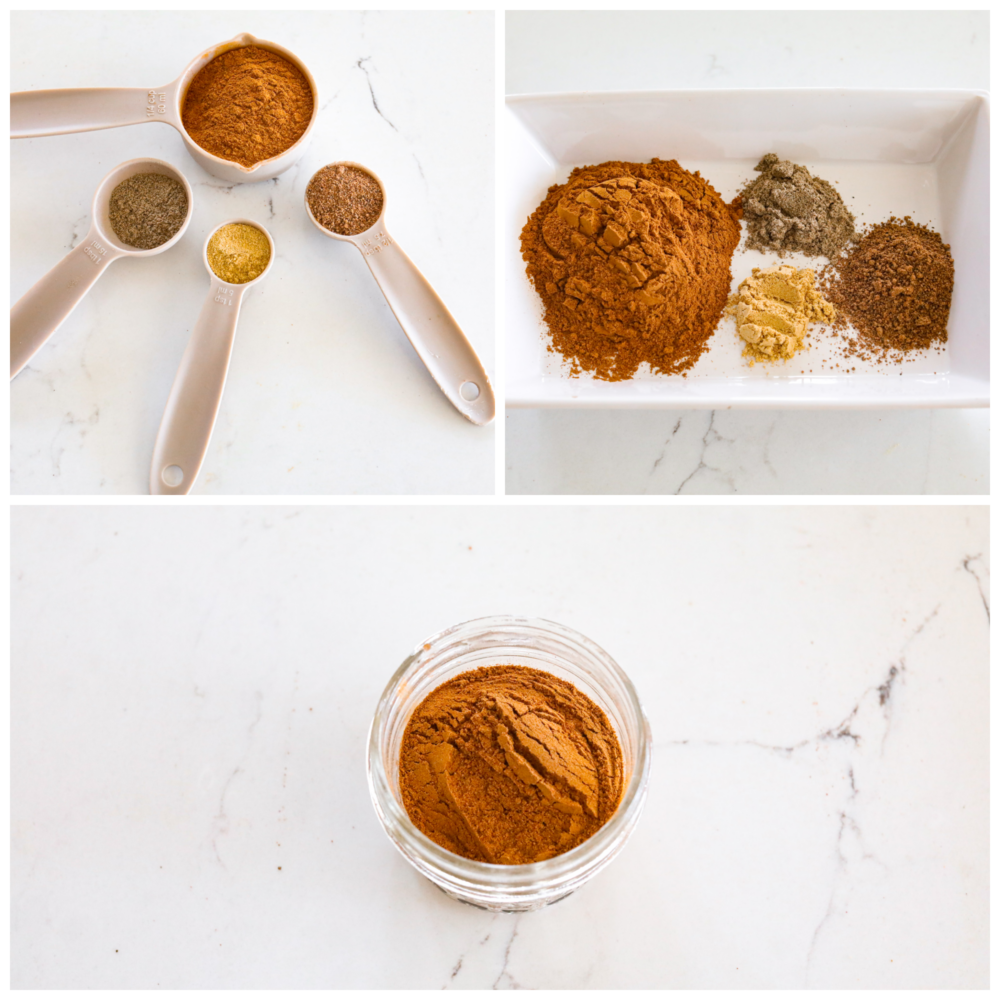 3 pictures showing all of the ingredients for apple pie spice measured out and then mixed into a jar. 