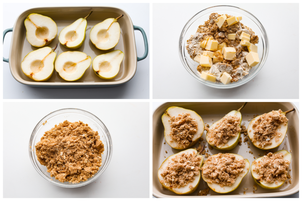 4-photo collage of pears being cut in half and cored and brown sugar cinnamon topping being prepared.