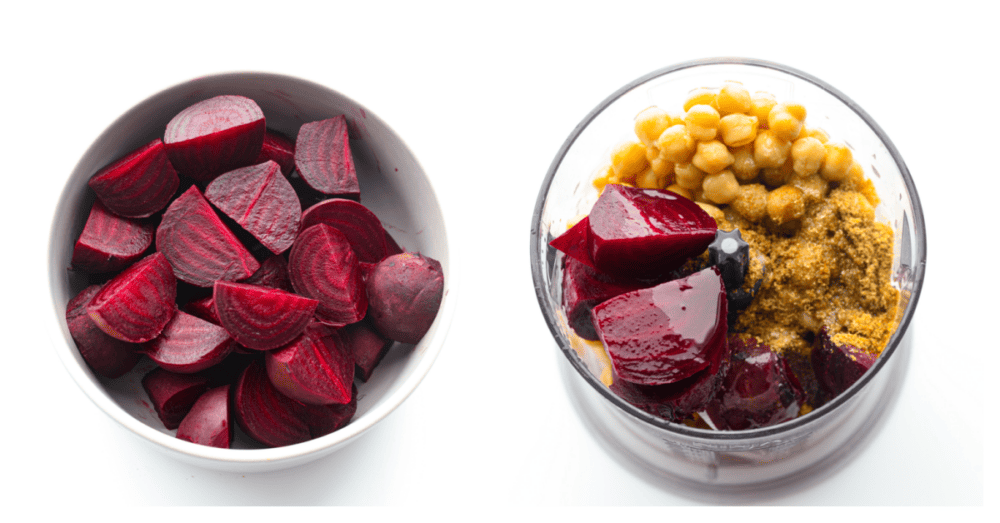 First process photo is a bowl of cut up roasted beets.  Second process photo is all the beet hummus ingredients inside the food processor before being blended.