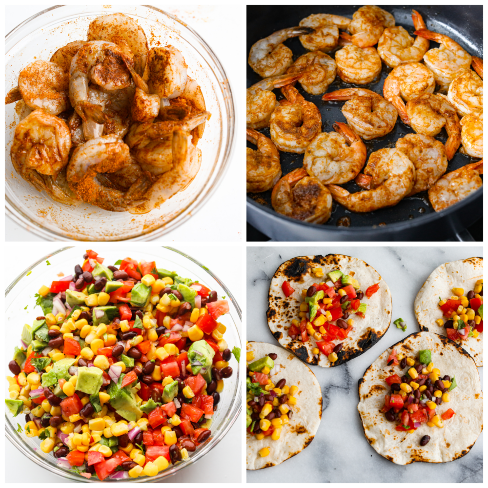4 pictures showing how to season and cook the shrimp and how to make the avocado salsa and add it to a tortilla. 