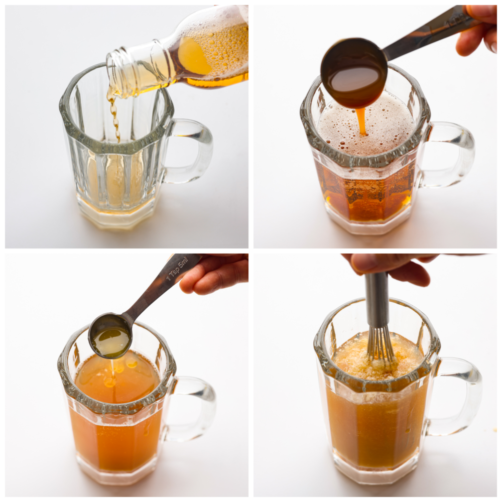Collage di 4 foto di ingredienti per bevande aggiunti a una tazza di vetro.