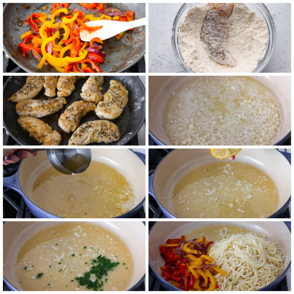 Un collage de fotos que muestra cómo se empana el pollo y se mezclan los ingredientes de la salsa.