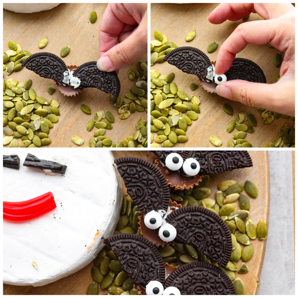 3 pictures showing how to make bats out of Oreos and Reeses Peanut Butter Cups. 