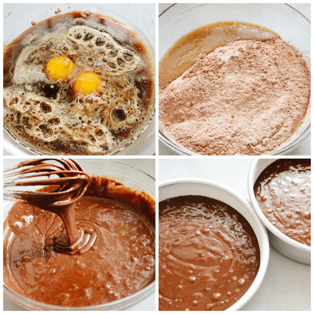 First photo of wet ingredients for chocolate cake together in a bowl. Second photo of dry ingredients for chocolate cake together in a bowl. Third photo of dry and wet ingredients mixed together. Fourth photo of cake batter divided into cake pans and ready to bake.