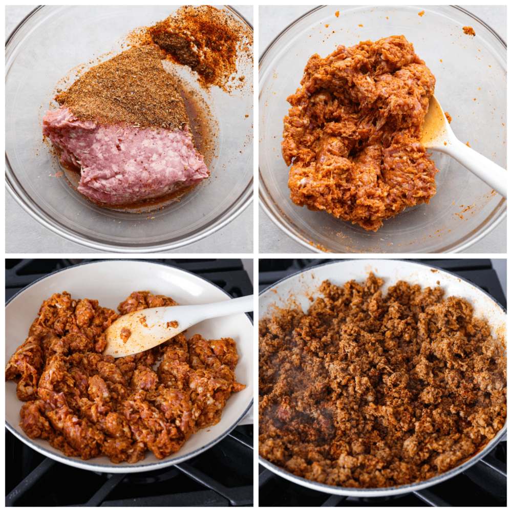 Process pictures of raw meat in a bowl with seasonings being added, then it's stirred with a white spoon. The next picture shows the meat being placed in a pan and the last picture shows the meat cooked in the pan with steam coming off of it.