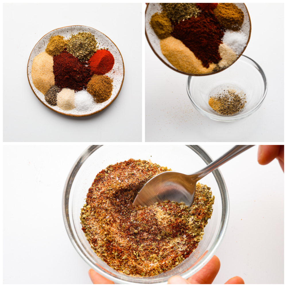 3-photo collage of various seasonings being added to a glass bowl and mixed.