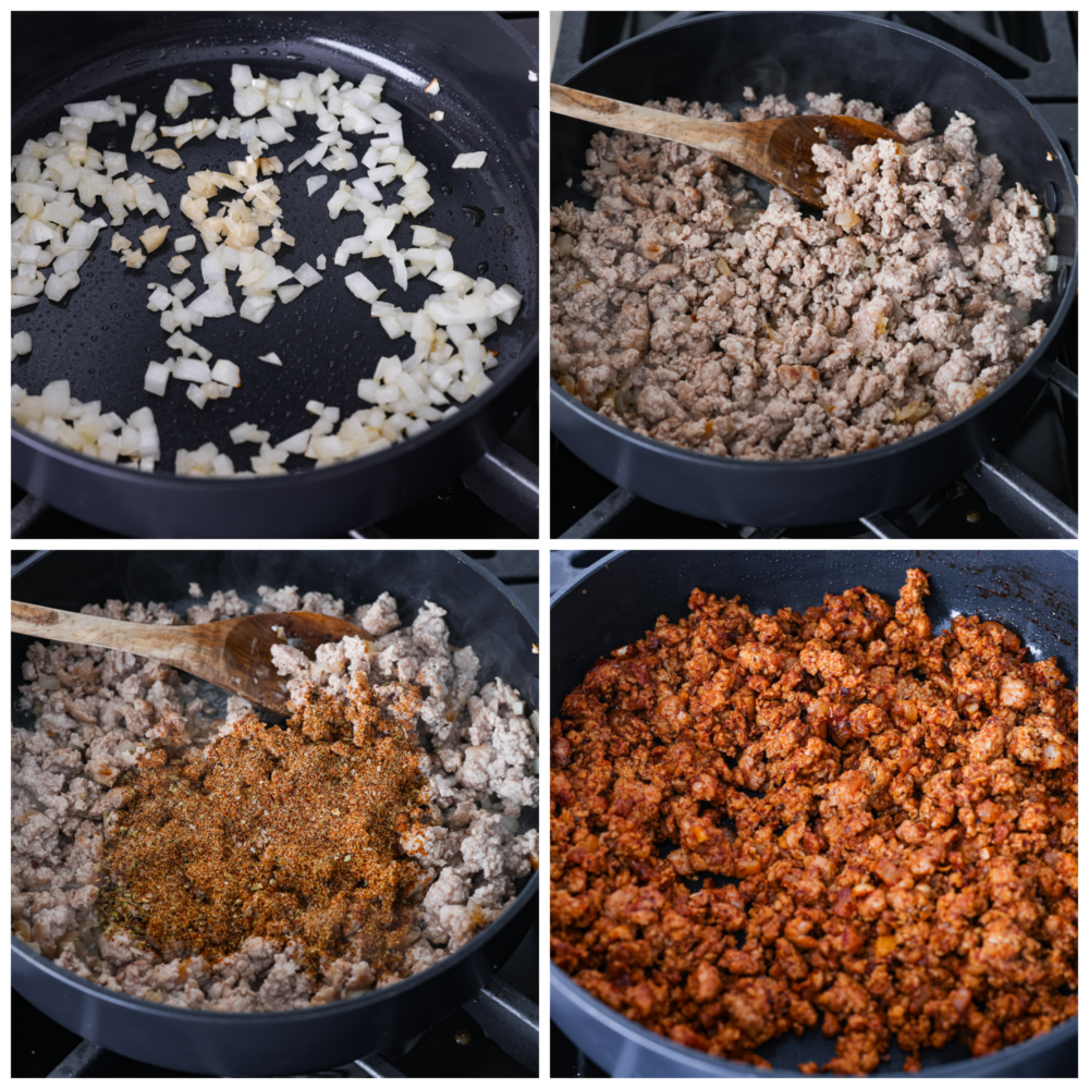Transition photos that show onions being sauteed in a fry pan, then ground pork cooking in the pan with a wooden spoon, then seasoning being added to the pan, and finally the meat finished cooking in the pan.