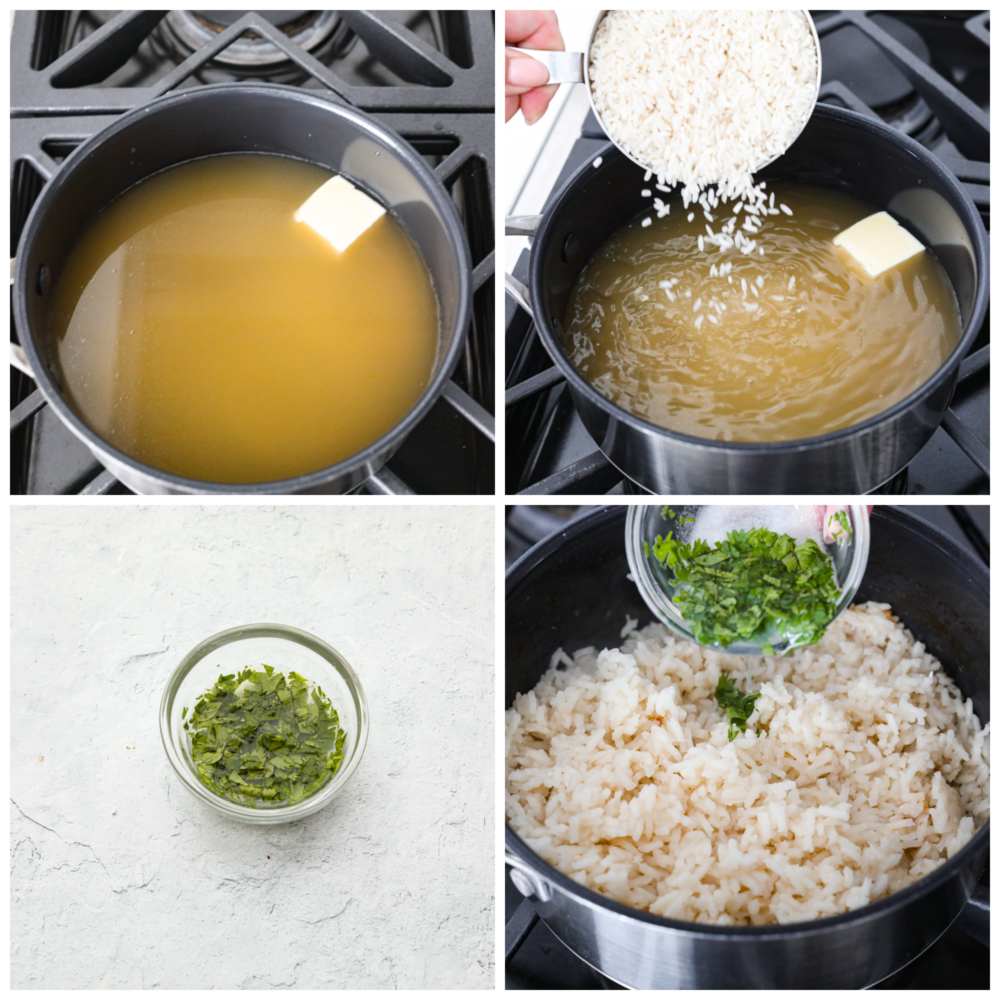 4 pictures showing how to add all of the ingredients to a pan on the stove and add the cilantro to the cooked rice. 